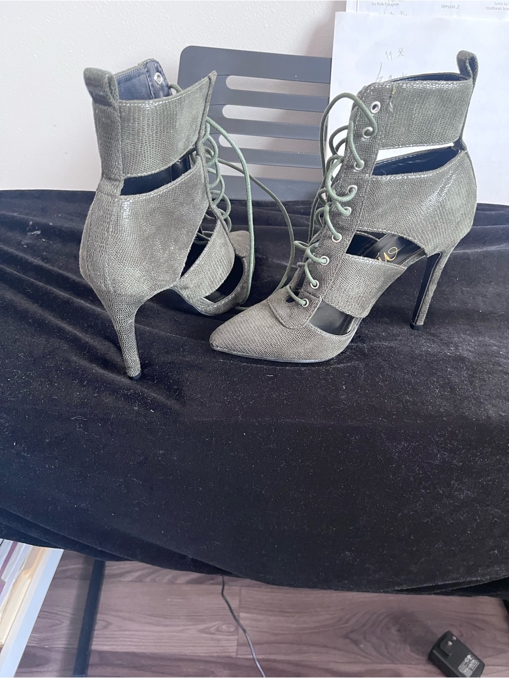 Olive Green Lace-Up Cutout High Heel Ankle Boots